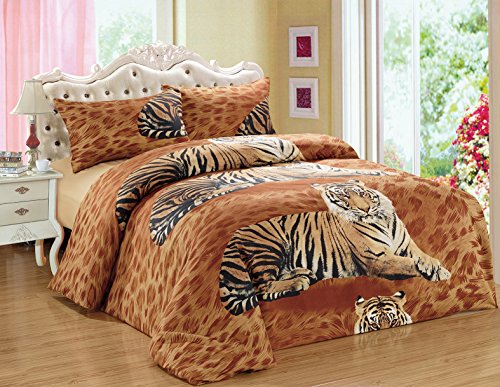 3D Effect Duvet Quilt Cover Bedding Set with Fitted Sheet + Pillow Cases Animal Print (Tiger (Baldwin), King)