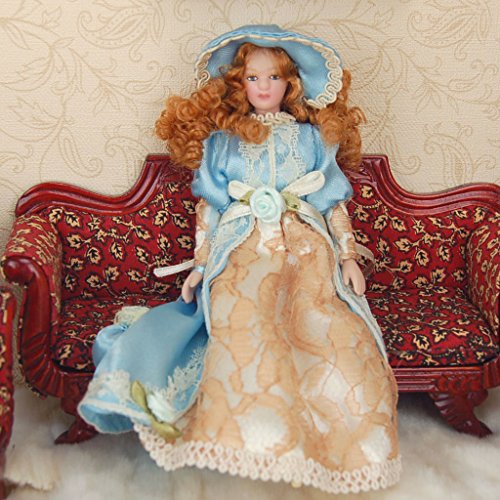 1:12 Puppenhaus Miniatur Victorian Dame Puppen Blau Kleid mit Hut - 5