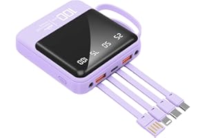 JONKUU Przenośna ładowarka do Telefonu Komórkowego 10000mAh Zwbudowanymi Kablami i latarką Zewnętrzny Akumulator Power Bank Kompatybilny z iPhonem Samsung Google LG iPadem i nie Tylko (Purple)