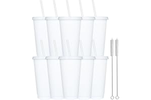 Yisituo 10 Stück Trinkbecher mit Deckel und Strohhalm, 710ml Wiederverwendbare Plastikbecher mit für Smoothies, Kaffee, Party und Reise (10, Weiß)