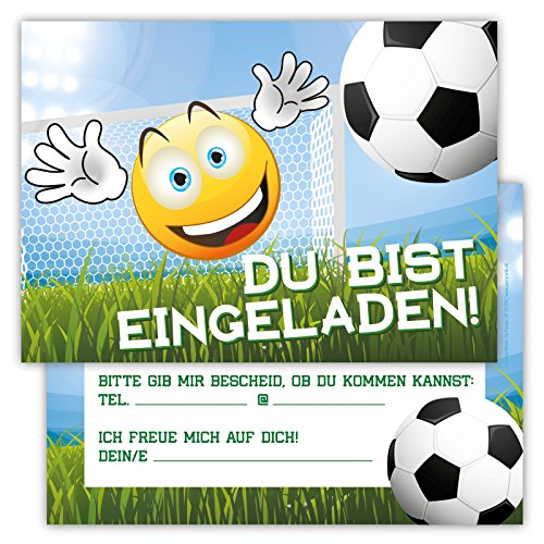 12 Lustige Einladungskarten im Set für Kindergeburtstag Emoji Smiley Fussball Party für Jungen Mädchen Kinder Partyspiele Karten Tor Kicken Stadion witzig