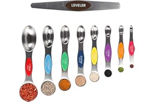Magnetic Measuring Spoons Sets of 9, ProChosen Dual Sided Stainless Steel Stackable Teaspoon Tablespoon with Colorful Scale and Leveler, Fits in Spice Jars for Measuring Dry and Liquid Ingredients