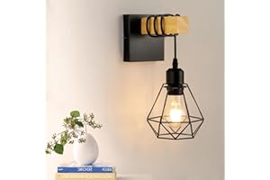 FORCOSO Wall Lights Indoor, Vintage Wood Lamp Black Brown, E27 Sconce Lights, Industrial Wall Mounted Lights Fittings, Rustic Lighting Fixtures for Living Room Bedrooms Hallway Stair