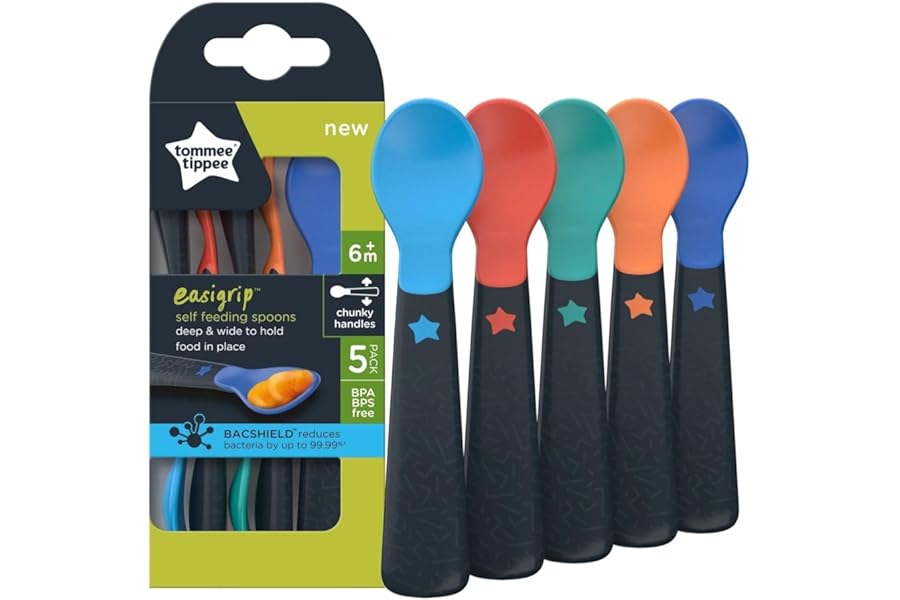 Tommee Tippee Easigrip Self-Feeding Weaning Spoons, for Babies 6m+, Pack of 5 Spoons with Easy to Hold Chunky Handles, Steriliser and Dishwasher Safe