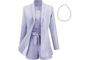 aromm Women's 3 Piece Office Work Suits Long Sleeve Blazer + Tied Shorts + Camisole Summer Casual Formal Outfits & Pearl Necklace