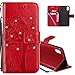 Produktbild COTDINFOR iPhone X Hülle für Mädchen Elegant Retro Premium PU Lederhülle Handy Tasche mit Magnet Standfunktion Schutz Etui für iPhone X/iPhone 10 Red Wishing Tree with Diamond KT.
