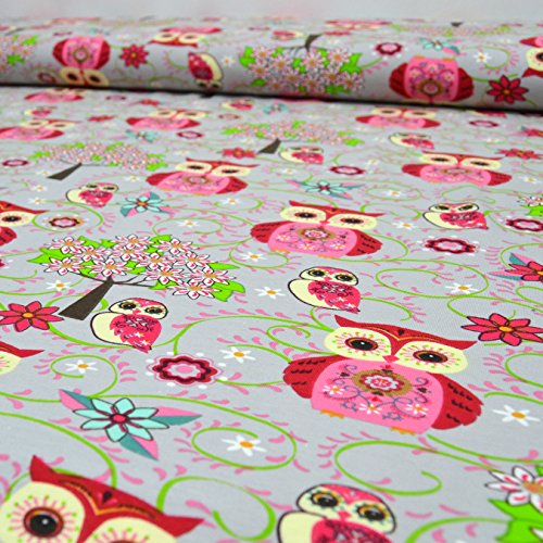 Jersey-Stoff „Indie Eule“ bunt / Kinder-Baumwoll-Jersey / Beste Öko-Tex Qualität / Meterware ab 50cm / UX-10-5 (01. Rot Pink Grün auf Grau) - 4