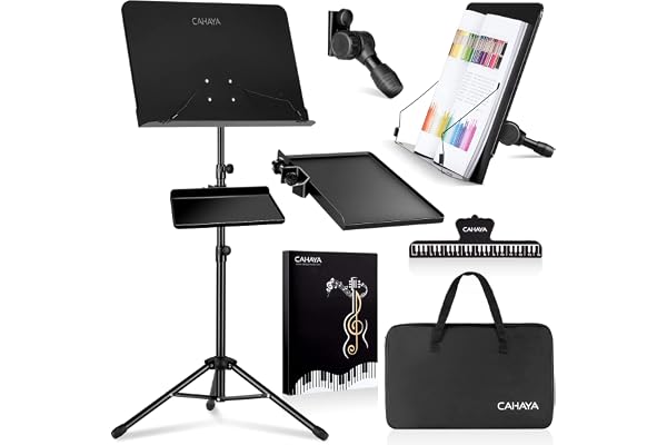 CAHAYA Pupitre de musique en métal pliable Réglable en hauteur avec plateau de fixation & support de livre de table avec sac de transport étanche pour guitare, ukulélé, violon etc. CY0194+CY0320