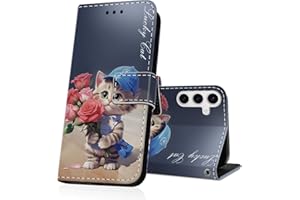 DiaryTown Funda para Samsung Galaxy A35 5G Cartera Carcasa Libro de PU Cuero Tapa Flip Folio Case Dibujos Ranura Tarjeta Función Soporte Antigolpes Protectora Cover Galaxy A35 5G - Rosa Roja y Gato