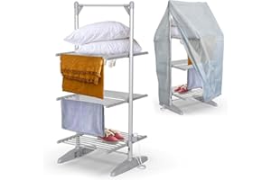 VIVO TECHNOLOGIES Electric 3 Tier Heated Clothes Airer with Cover, Foldable Electric Clothes Drying Rack Electric Clothes Horse with 36 Heated Rails for Quick Drying, 21M Drying Space, 300W