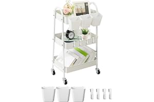 danpinera 3-Tier storage trolley, Metal storage cart with Lockable Wheels & Hanging Cups & Hooks, storage trolley on wheels for bathroom, kitchen, craft, beauty, White