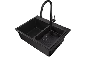 CECIPA Spülbecken Schwarz mit Wasserhahn Ausziehbar 60 x 45 cm, Spüle Küche aus Granit, Küchenspüle mit Siebkorb, Waschbecken Küche inkl. Siphon Ab- und Überlaufgarnitur