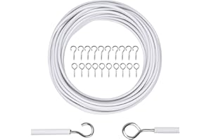 AZONELIFE Cuerda de Cortina 10M Blanco, Cable de Alambre para Cortinas Cuerda Colgante con 20 Ganchos, Kit para Colgar Cortinas, Tende de Ducha, Secado de Ropa, Fácil de Instalar, Ajustable