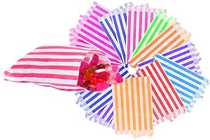 IBEX MART 100 Candy Stripe Bags, Recyclable Striped Sweet Bags Sweets Candies Cookies Wedding Buffet, Paper Sweet Bags For Cake Party Gift Shop, 5" x 7", Assorted