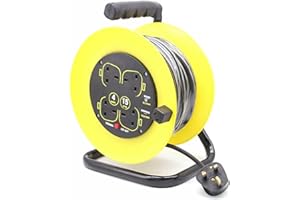 YEEJUAK 15 Metre Extension Lead, Extension Cable with 4 UK Socket，Metal Frame - Free Standing, Extension Lead Reel with Electric Cut Out to Prevent Overloading, Waterproof Extension Reel for Outdoor/Indoor