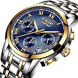 Lige Herren Analog Quarz Armbanduhr mit Gold Blau Wasserdicht Edelstahl Rund Zifferblatt 9849