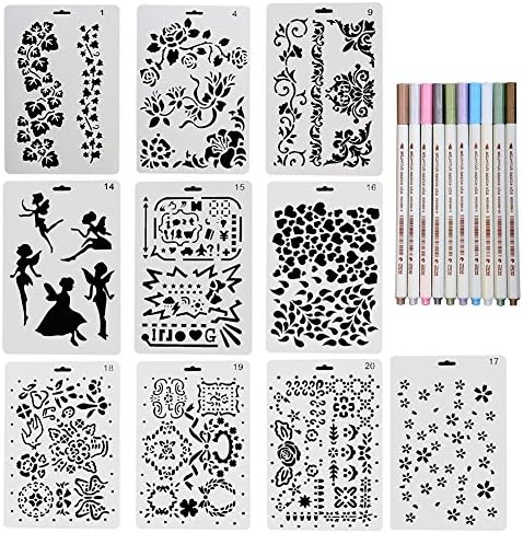 nouvelife Flowers Stencil Paint &amp; # X153; Heart Fairy Tree Stencil Sheet 26 x 17.5 cm Pack of 20 Reusable Soft Metallic Marker 1-2 mm 10 Colours for Scrapbooking Decoration Wall Die Cut Birthday Card