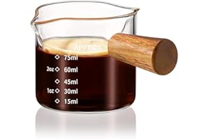 YARRAMATE Espresso Cups with Wood Handle, Clear Glass Espresso Accessories, Glass Measuring Cup with Dual Scale, Espresso Shot Glass with V-Shaped Spout, 3.4 OZ / 100 ML