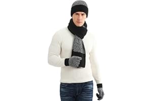 JYCY 3 Piece Men's Beanie Hat Scarf and Touch Screen Gloves Set Winter Thermal Elastic Thicken Warm Fleece Inner Lining Knit Beanie Cap Winter men's Accessories gifts for men