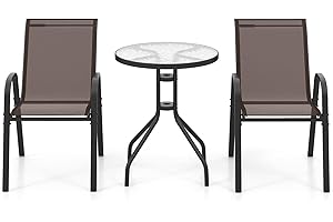 KOMFOTTEU Juego de Bistró de Tejido Textileno, Conjunto de Jardín de 3 Piezas con 2 Sillas Textilene y 1 Mesa de Cristal, Juego de Conversación para Balcón, Terreza, Patio (Marrón)