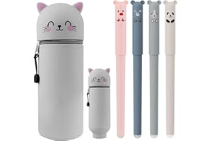 Solivive Kawaii Federmäppchen aus Silikon, 2 in 1 Legami Mäppchen Katze,Faltbar und Wasserdicht Legami Mäppchen,Schul-Homeoffice-Bedarf, Geschenk für Jungen und Mädchen(Grauer Katzenstil)