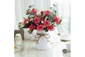 LESING Fiori artificiali in vaso di seta rosa composizioni fiori finti bouquet con vaso in ceramica centrotavola per tavolo da pranzo Roon decorazione cucina (rosso)