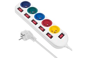 Maclean MCE204 M/W Bloc multiprises Câble d'extension à 5 Prises avec Interrupteurs 250 V AC/10 A 1.5 m