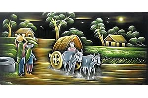 Crafts of India Village Scene/Indian Painting Wall Décor Wild Life Abstract on Velvet Fabric: Size - 24"x48" Inches