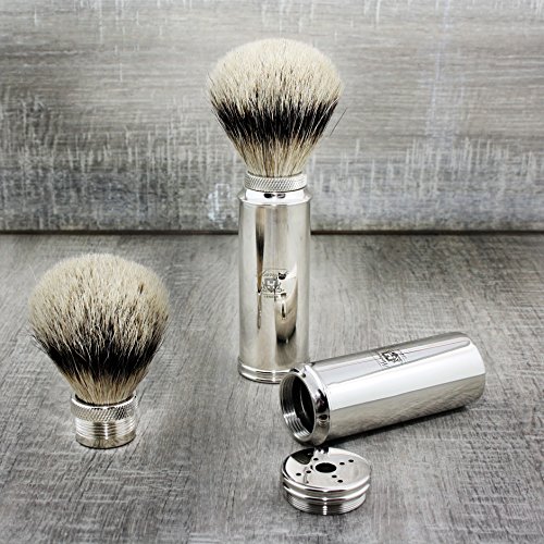 MEN SHAVING TRAVEL BRUSH MADE WITH STAINLESS STEEL WITH SLIVER TIP BADGER HAIR. EASY TO KEEP DURING TRAVEL. PERFECT FOR HIM.