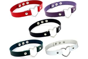 Aabellay 5PCS Breit Lederhalsband Halskette Damen Leder Choker Metall Herz Halsband Gotik Punk Rock Lederband Einstellbar Kragen - Schwarz Weiß Rot Grün Lila