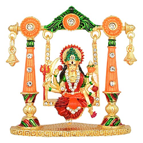 GCT Goddess Maa Durga Sherawali MATA Idol on Jhula Metal Statue for Car Dashboard | Mandir Pooja Murti | Temple Puja | Home Decor | Office Showpiece (Multicolor)