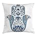 Produktbild Hamsa Throw Pillow Cushion Cover, Mystical Ancient Civilizations Culture Protective Power Luck Evil Eye, Decorative Square Accent Pillow Case, 18 X 18 inches, Pale Blue Indigo Baby Blue