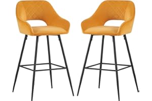 JaHECOME Bar Stools Set of 2 Yellow Velvet Padded with Footrest Armrest Kitchen High Stools Supported Black Metal Legs for Breakfast Bar, Counter, Kitchen and Home