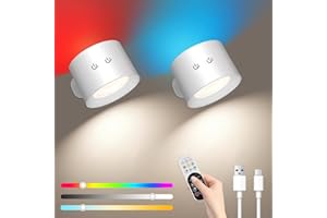 Ledronix Wall Light Indoor, LED Lamp With Remote Control, Dimmable RGB Ambient Lighting, Rechargeable Reading Light, Timer Function Touch Control 360° Rotatable Up and Down, 2 Pcs