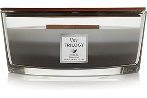 WoodWick Trilogy Candela profumata Ellipse con stoppino crepitante | Legno caldo (Warm Woods) | Durata della fragranza: fino a 50 ore