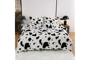 Lanqinglv Winter Flanell Bettwäsche 200x200cm Plüsch Fleece Flauschig Warme Schwarz Weiß Kuhmuster Winterbettwäsche Kinder Bettbezug mit Reißverschluss und 2 Kissenbezug 80x80cm