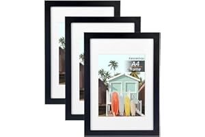 Kennethan Bilderrahmen Schwarz A4 3er Set -mit Passepartout 15x20cm, Fotorahmen mit Acrylglas zum aufhängen und aufstellen