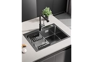 Sofetiy Spüle 60x45 cm Schwarz, Küchenspüle Anthrazit Edelstahl, Moderne Einbauspüle Rechteckig, Edelstahl Spülbecken für Unterschrank ab 60 cm, Spüle, Waschbecken Küche mit Hahnloch