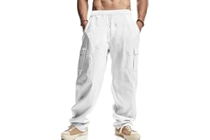 PADOLA Pantalones de Lino Ligero para Hombre Pantalón de Carga con Bolsillos Pantalones Casuales de Corte Holgado con Cordón Elásticos