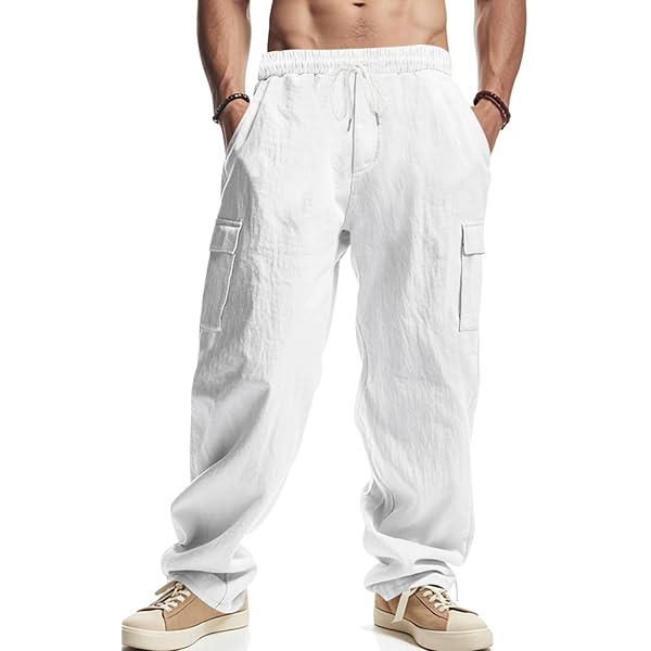 Pantalon Homme En Coton Lin Été Plage Cargo Taille Élastique Avec Poches - Confortable Et Décontracté