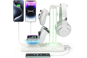 KDD Gaming Soporte Auriculares con Carga Inalámbrica, Soporte Mando & Porta Auriculares Mesa con 9 Modos de Luz, Gancho Controlador con 2 Puertos USB & Tipo C para Juegos Accesorios Gaming PC, Blanco