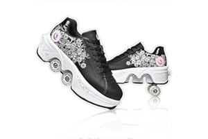 LDRFSE 2 In 1 Women's Deformation Retractable Four-wheeled Invisible Roller Skates Multifunction Adjustable Double Row Roller Shoes Outdoor Automatic Walking Sports Shoes