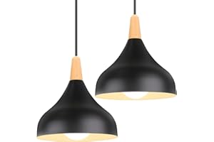 iDEGU Lámpara de Techo Retro LED Lámpara Colgante Moderna Estilo Gota E27 Iluminación de techo Vintage en Madera Metal Lámpara moderna para Dormitorio Comedor Cocina, 20cm (Negro, 2 Piezas)