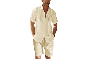 RUNCATI Conjunto de 2 piezas de lino para hombre, corte regular, con botones, camisa de playa y pantalones cortos, ropa de verano de manga