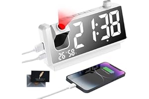 TAVADA Reloj Despertador Digital con Proyector, Reloj Proyector Techo con LED de 7,4", 180°, Doble USB, Temperatura y Humedad, 3 Brillo, 12/24H, Snooze, para Dormitorio Infantil Niños(Blanco)