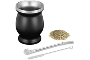 thirei Set Mate, 230ML Calabaza Mate, Tazas Yerba Mate, con Pajita y Brocha, para Cocinas, Restaurantes, Cafeterías, Negro