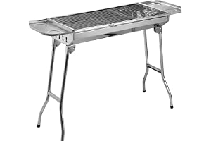 Sunjas rostfritt stål kolgrill, hopfällbar utomhus BBQ grill, bärbar campinggrill, stående grillvagn – 74 x 33,5 x 71,5