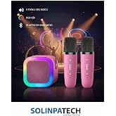 Solinpatech &Ccedil;ift Karaoke Mikrofonlu Pembe Kablosuz Bluetooth RGB Işıklı 5 Ses Efektli Stereo Ses Usb/Sd Hoparl&ouml;r