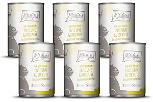 MjAMjAM - Mokra karma Premium dla kotów - DUO z delikatnej kaczki i pysznej perliczki na parze z dynią, 6-pak (6 x 400g), bezzbożowa z dodatkowym mięsem