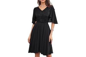 GRACE KARIN Women's Chiffon Pleated Dress Short Cape Sleeve V-Neck Lace Contrast Dress for Cocktail Party